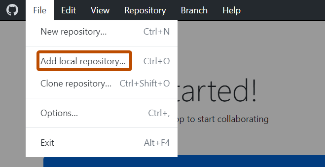 Снимок экрана: строка меню в Windows. Раскрывающееся меню "Файл" открыто, а параметр "Добавить локальный репозиторий" выделен оранжевым цветом.
